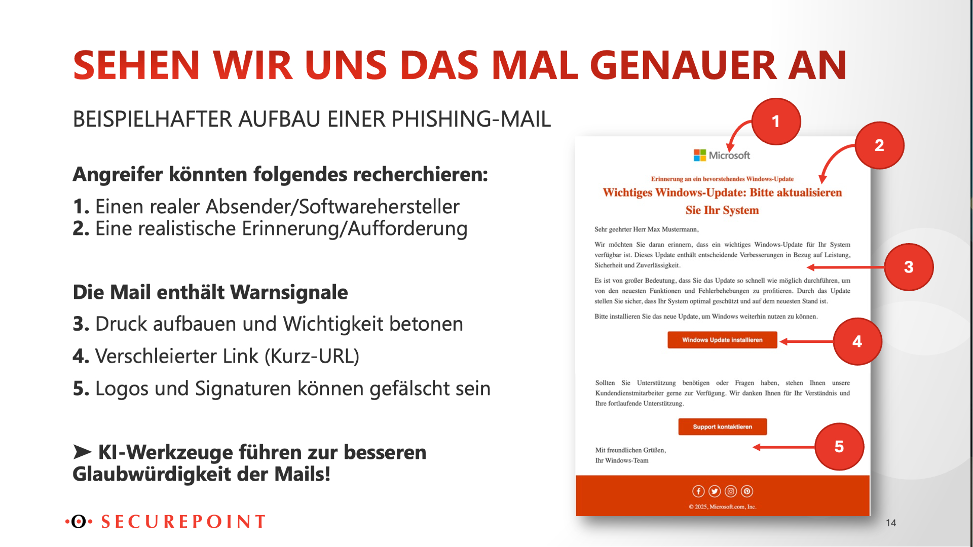 Anhand einer echten Phishingmail werden Warnhinweise für kriminelle Absichten erläutert.