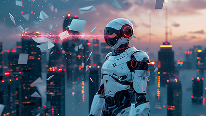E-mail protection for companies Decorative image: Robot standing in front of a skyline