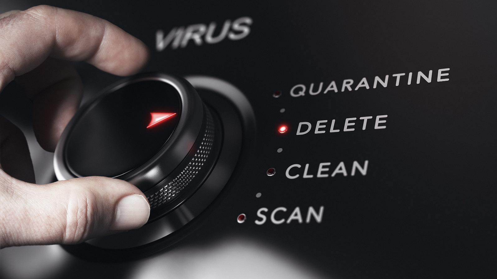 Antivirus Pro für Unternehmen von Securepoint Regler gegen Computervirus wird auf Delete (Löschen) gedreht.