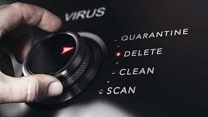 Antivirus Pro für Unternehmen von Securepoint Regler gegen Computervirus wird auf Delete (Löschen) gedreht.