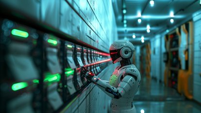 A robot stands in front of a control panel with green and red lights.