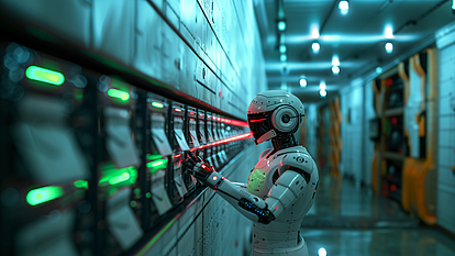 Securepoint mail security for companies A robot stands in front of a control panel with green and red lights.