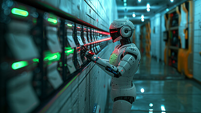 Securepoint mail security for companies A robot stands in front of a control panel with green and red lights.