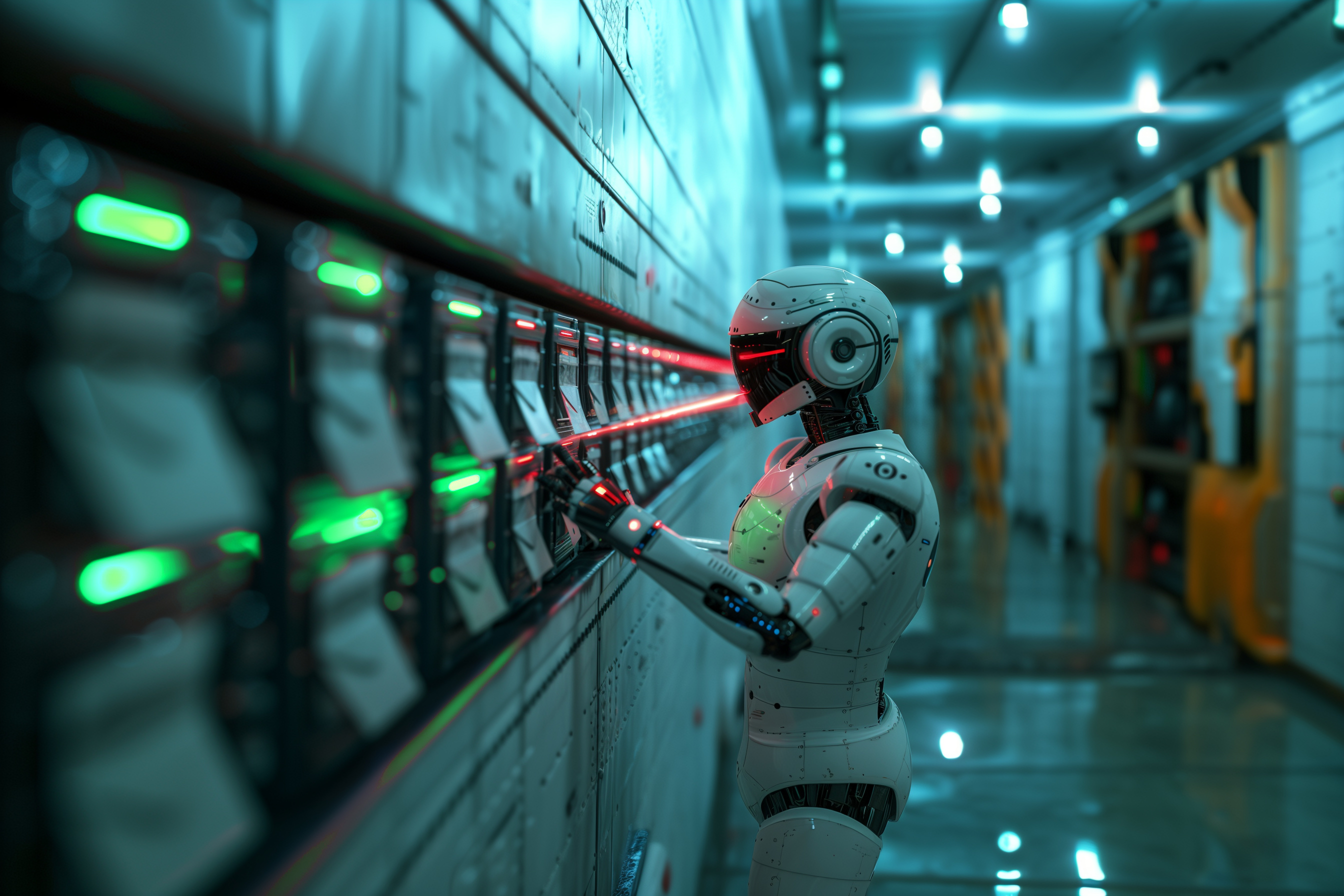 Securepoint Mail Security für Unternehmen Ein Roboter steht vor einer Schalttafel mit grünen und roten Lichtern.