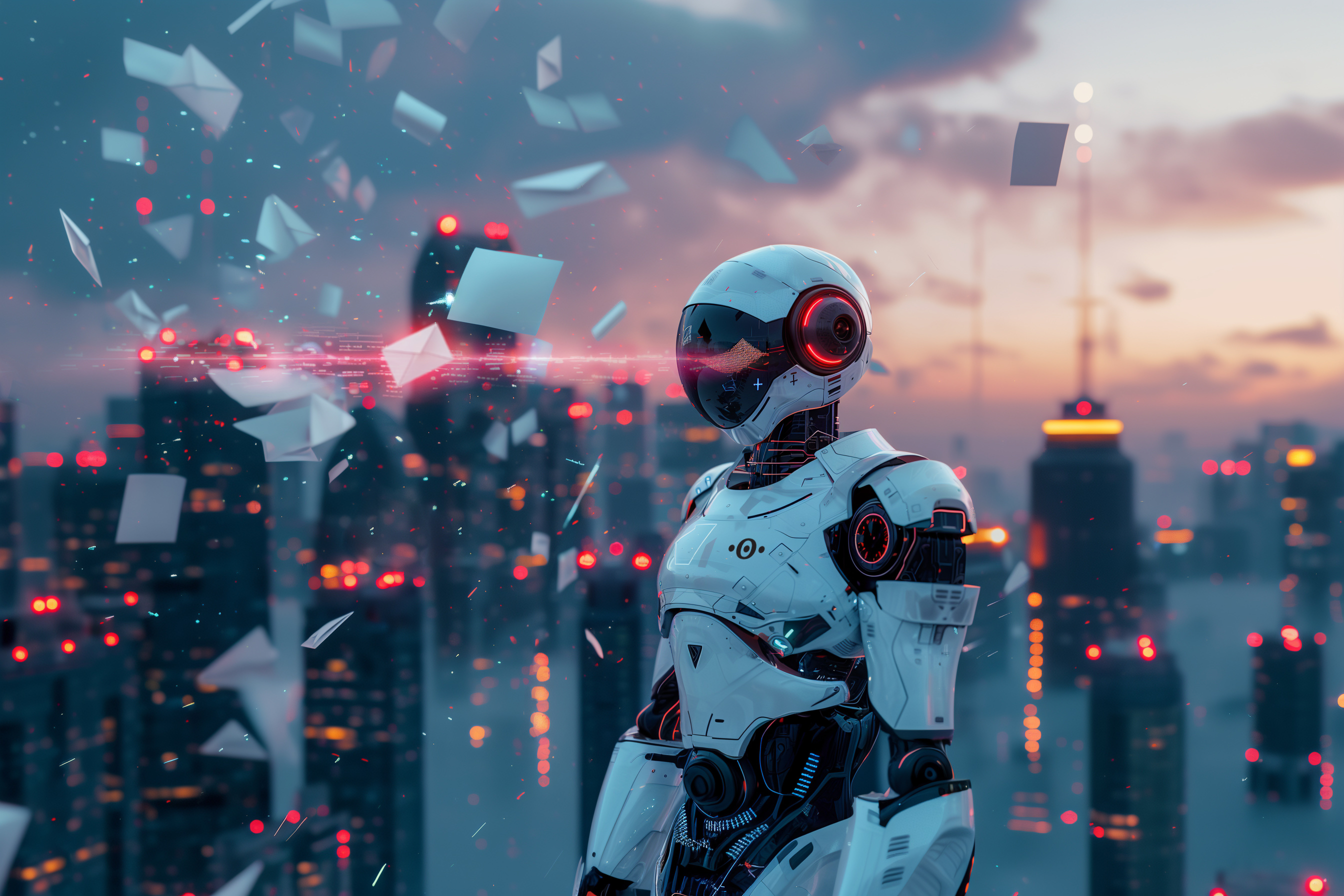 E-mail protection for companies Decorative image: Robot standing in front of a skyline