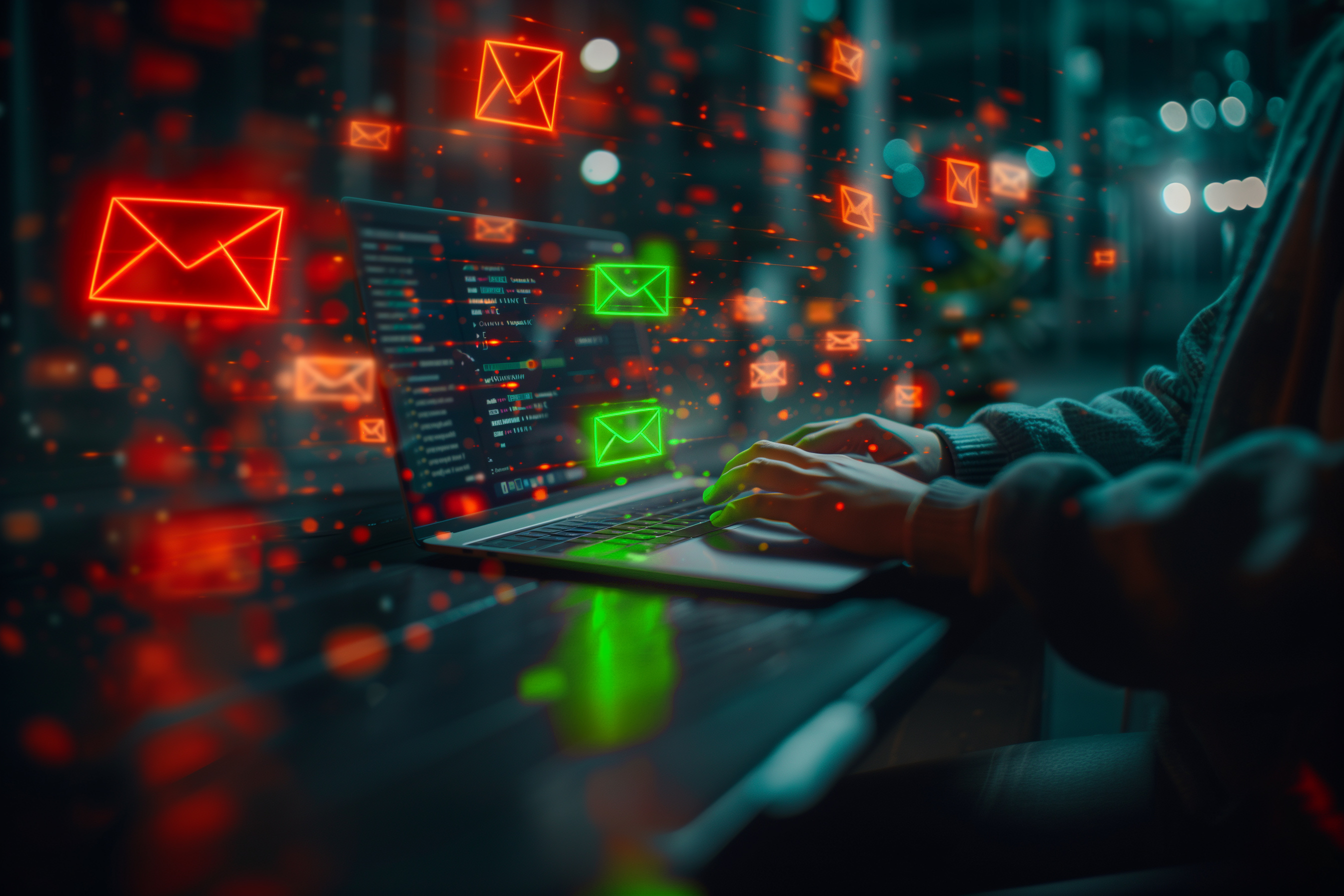 Mail protection for more safety Symbolic image: Secure emails (green) on the laptop and insecure emails (red) in the digital environment.