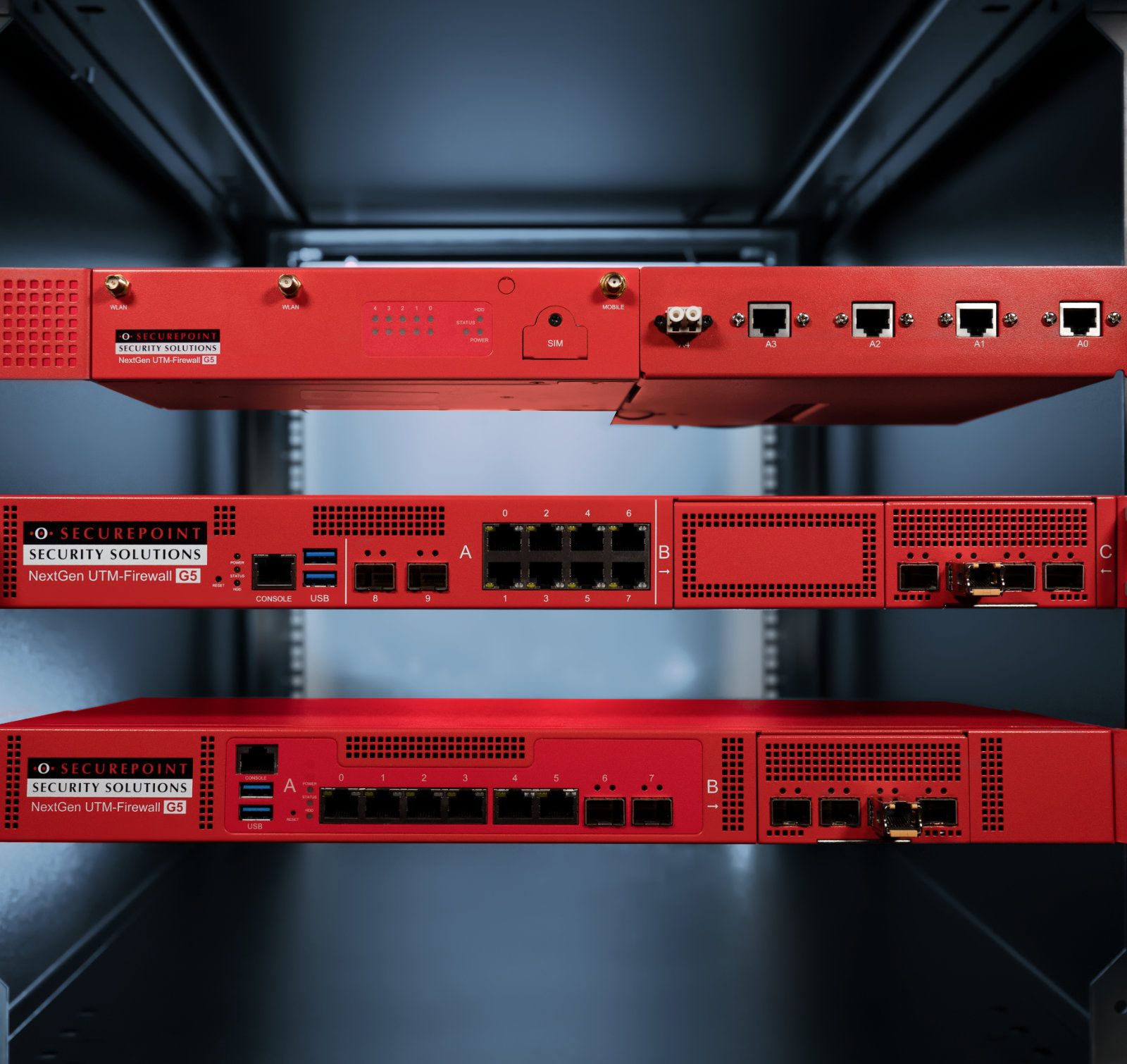 IT security for companies through Securepoint UTM firewalls Three different UTM firewalls in one server cabinet