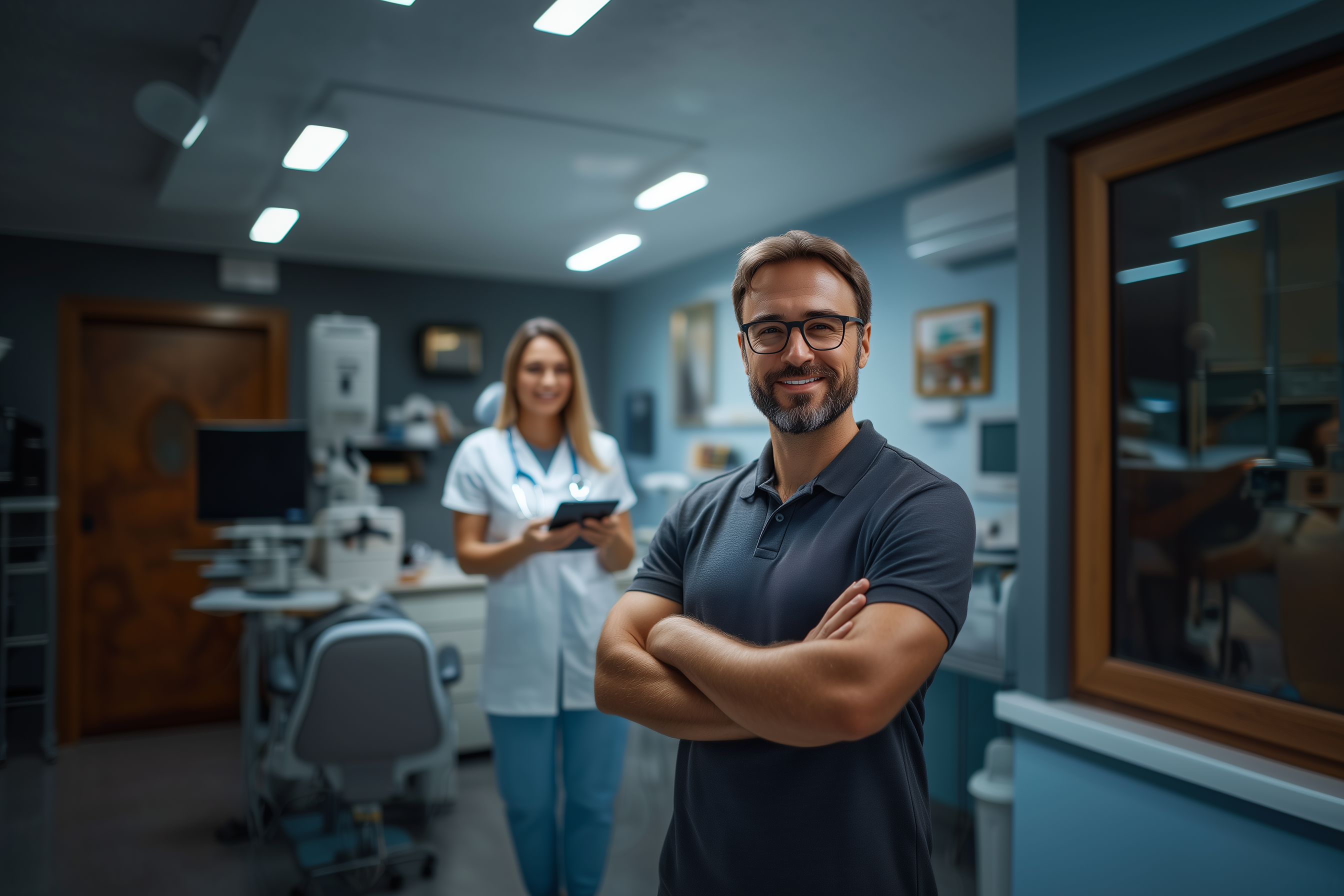 Manufacturer of practice management software A software developer and a doctor with a tablet