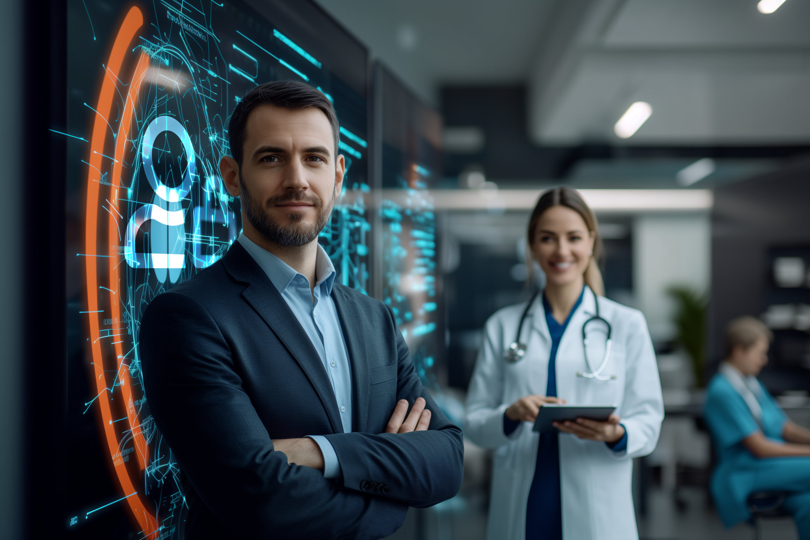 IT service provider in the healthcare sector IT service provider and a doctor stand together