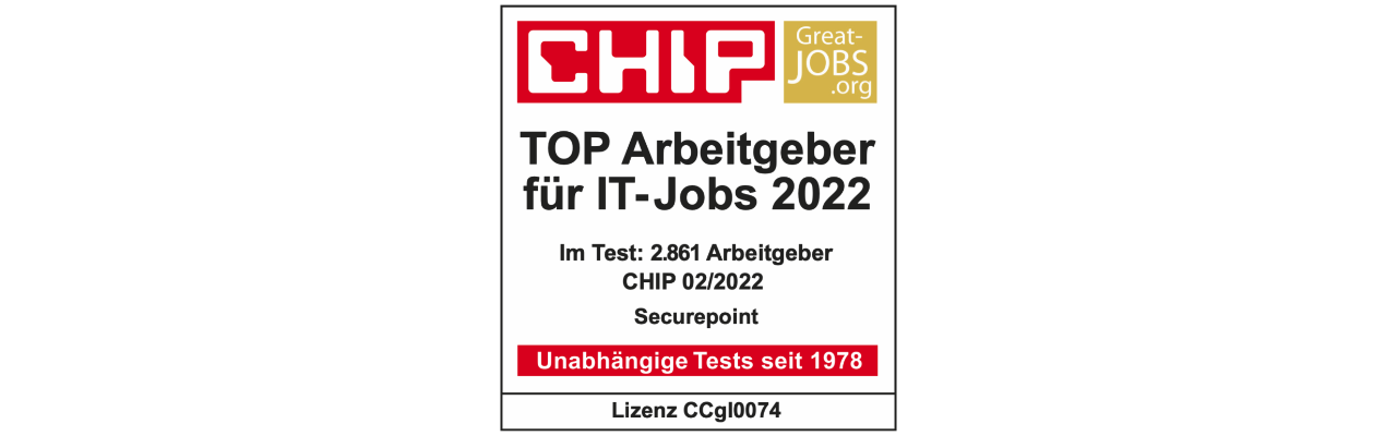 Securepoint als Top-Arbeitgeber 2022 ausgezeichnet. Auszeichnung als TOP Arbeitgeber 2022 durch CHIP